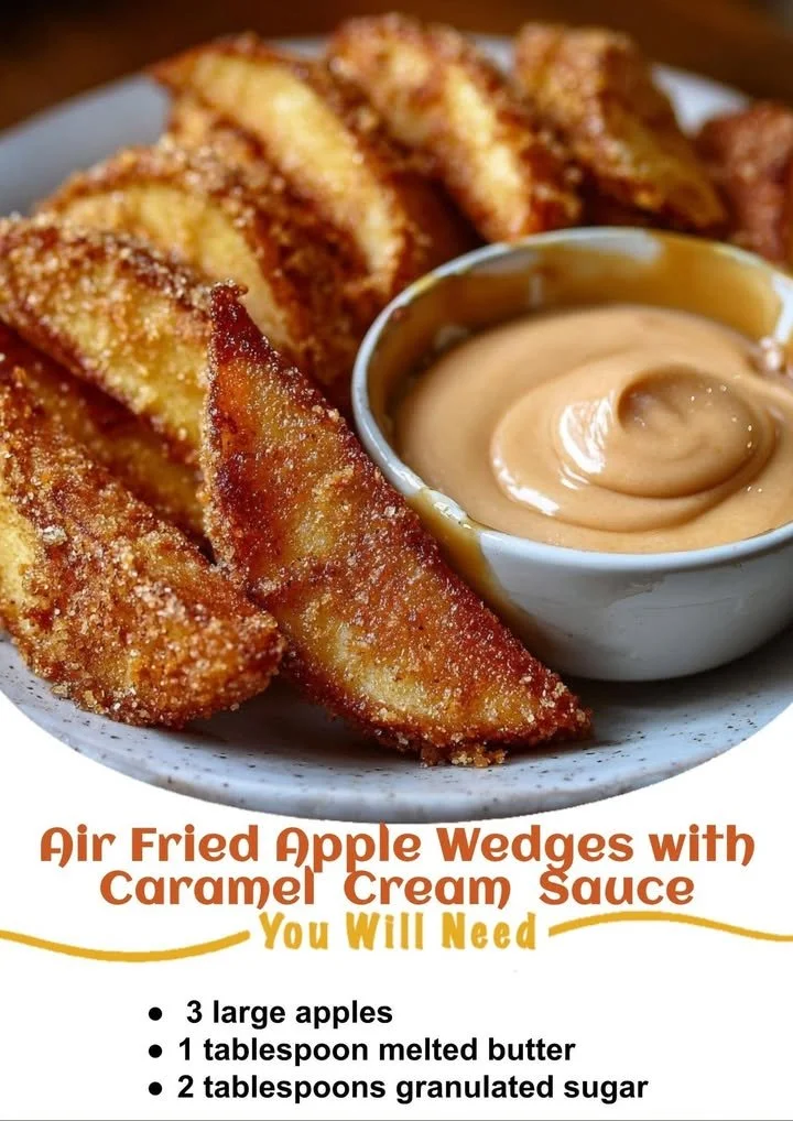 Air fried apple wedges with caramel whipped cream dipping sauce in a bowl