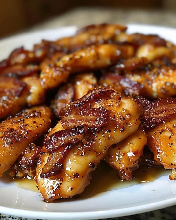Delicious Bacon Brown Sugar Chicken Tenders served on a plate