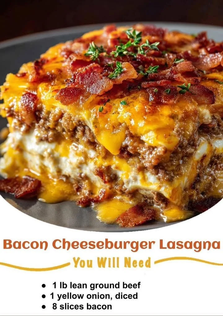 Bacon Cheeseburger Lasagna in a sheet pan, topped with melted cheese