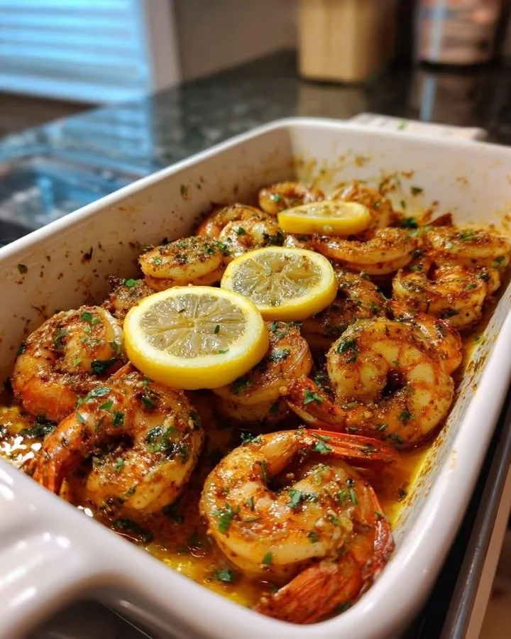 Baked Cajun shrimp dish served on a plate with spices and herbs.