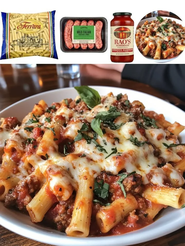 A tempting plate of baked ziti with Italian sausage, garnished with fresh herbs.