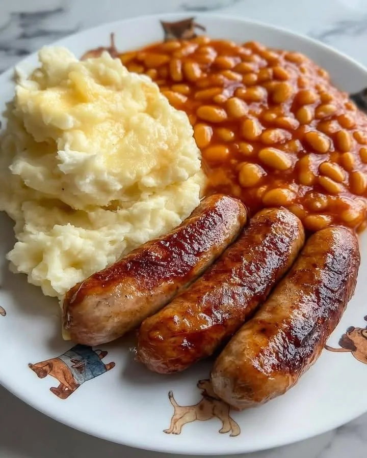 Plate of bangers and mash with beans served on a rustic table.