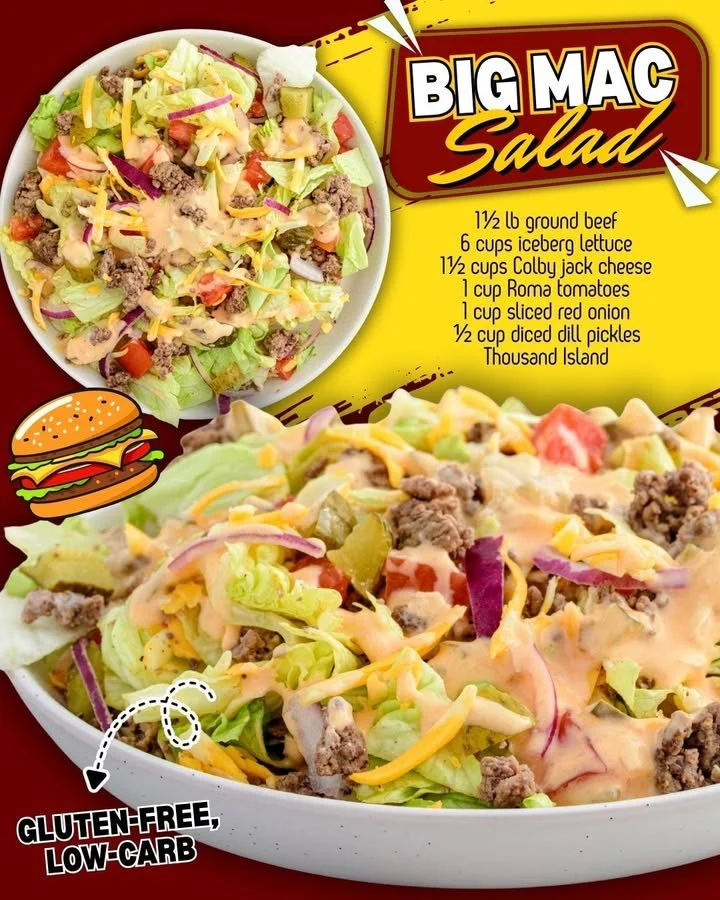 A vibrant Big Mac Salad featuring fresh greens, burger toppings, and dressing.