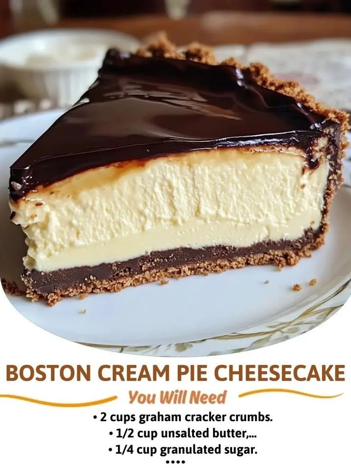 Boston Cream Pie Cheesecake topped with chocolate ganache and whipped cream