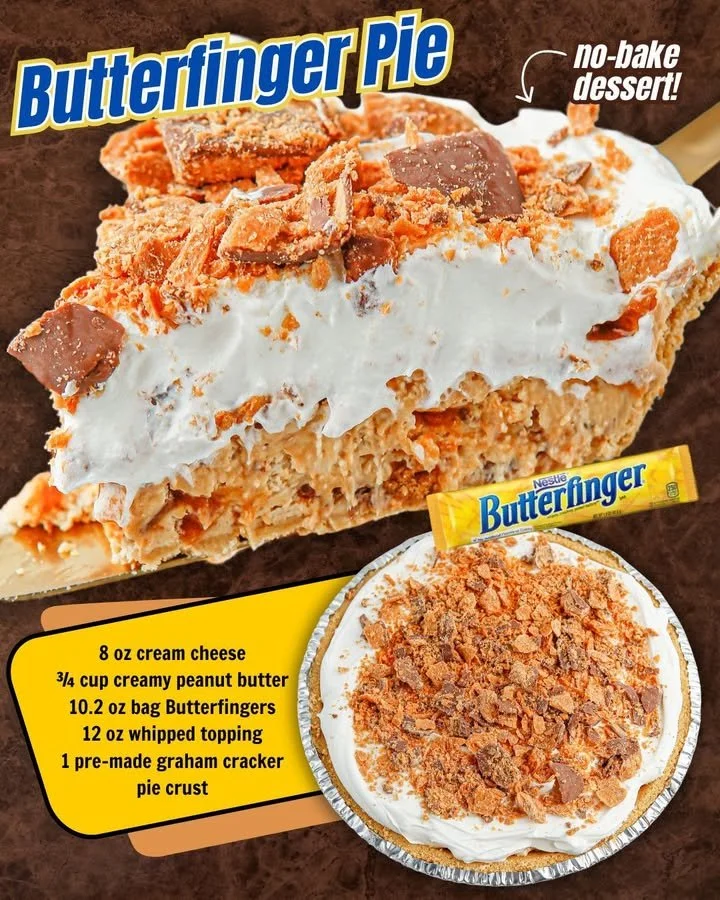Delicious Butterfinger Pie topped with crushed Butterfinger candy and whipped cream