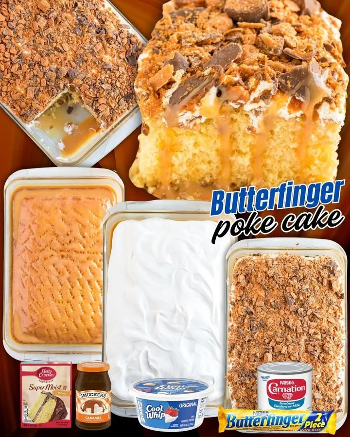 Delicious Butterfinger Poke Cake topped with chocolate and crushed Butterfinger candy.