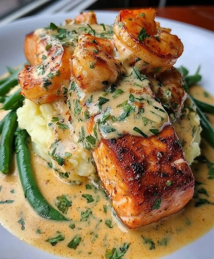 Cajun shrimp and salmon served in garlic cream sauce, garnished and ready to enjoy
