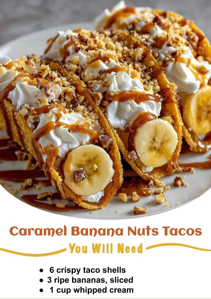 Delicious Caramel Banana Nuts Tacos topped with caramel and nuts.
