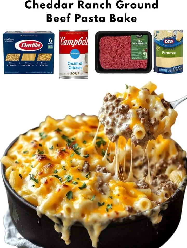Cheddar Ranch Ground Beef Pasta Bake dish prepared with cheese and pasta
