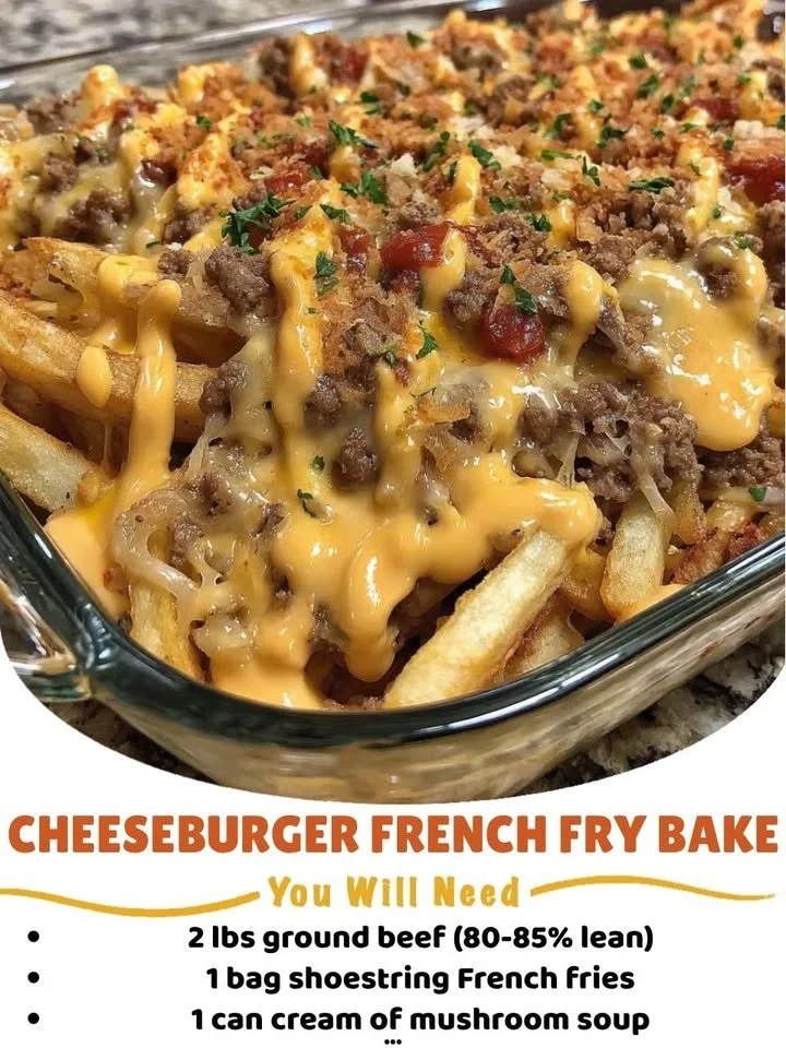 Cheeseburger Bake with French fries served in a casserole dish