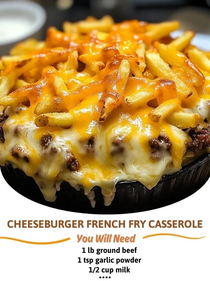 Cheeseburger French Fry Casserole topped with crispy fries and cheese
