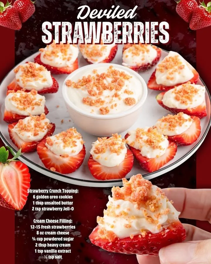 Cheesecake deviled strawberries topped with cream and served on a plate