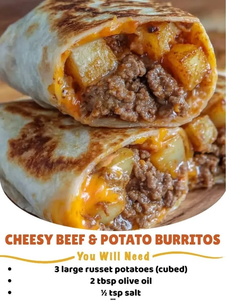 Cheesy beef and potato burritos drizzled with nacho cheese sauce