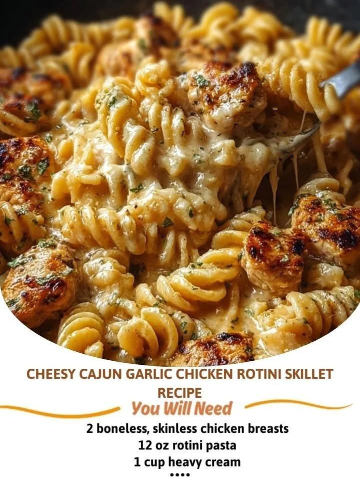 Cheesy Cajun garlic chicken rotini skillet dish garnished with herbs