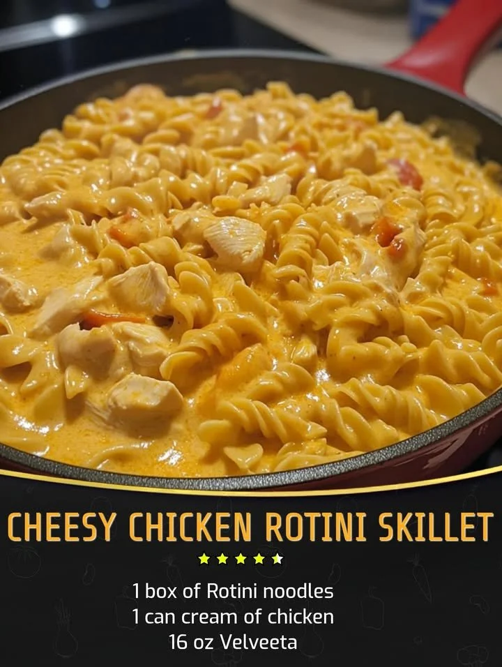Cheesy chicken rotini skillet with creamy sauce and toppings