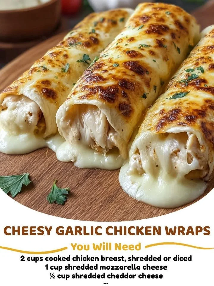 Cheesy garlic chicken wraps served on a plate with fresh ingredients