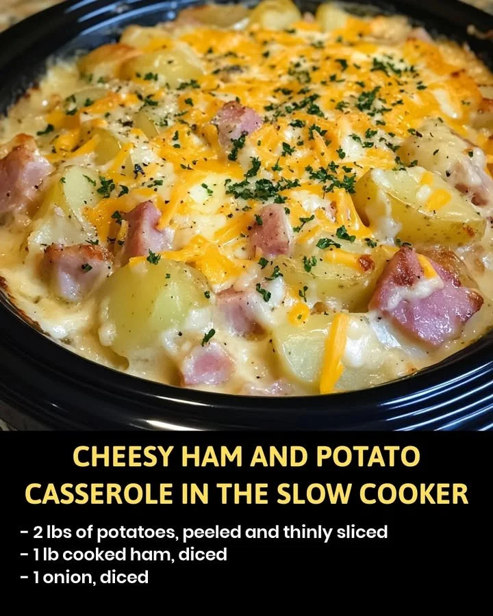 Delicious cheesy ham and potato casserole served in a baking dish