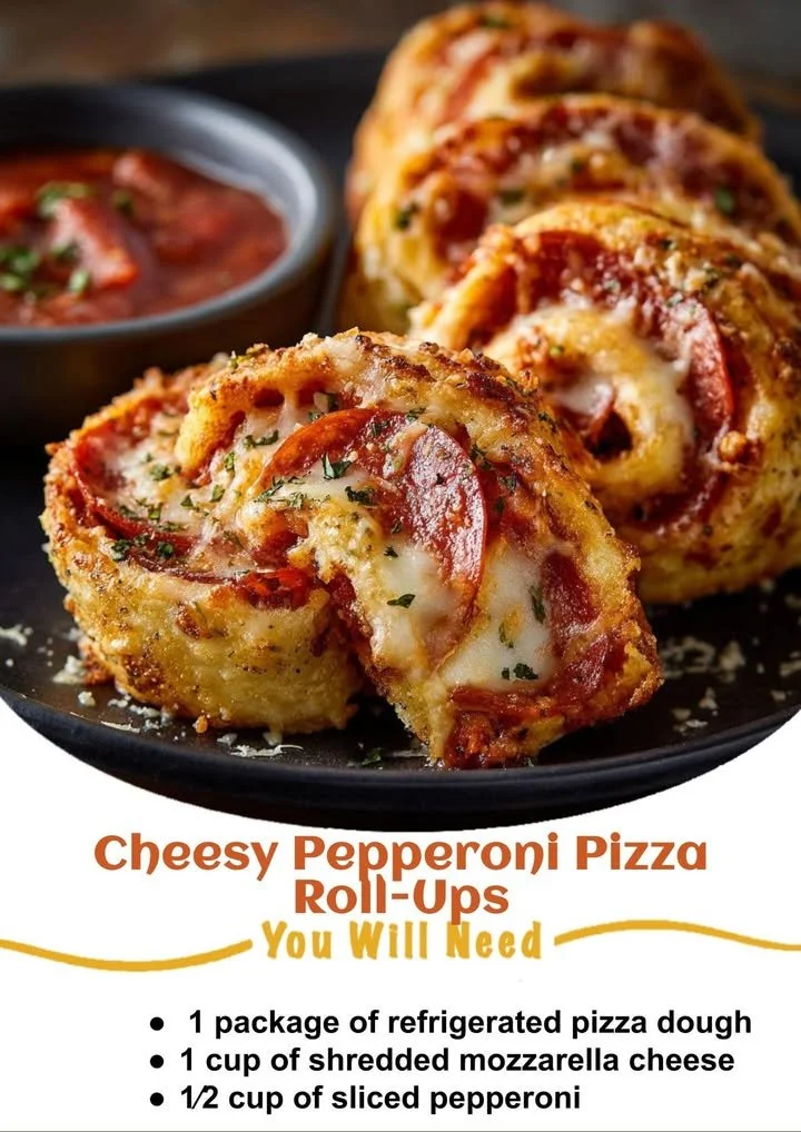 Cheesy pepperoni pizza roll-ups served on a plate.