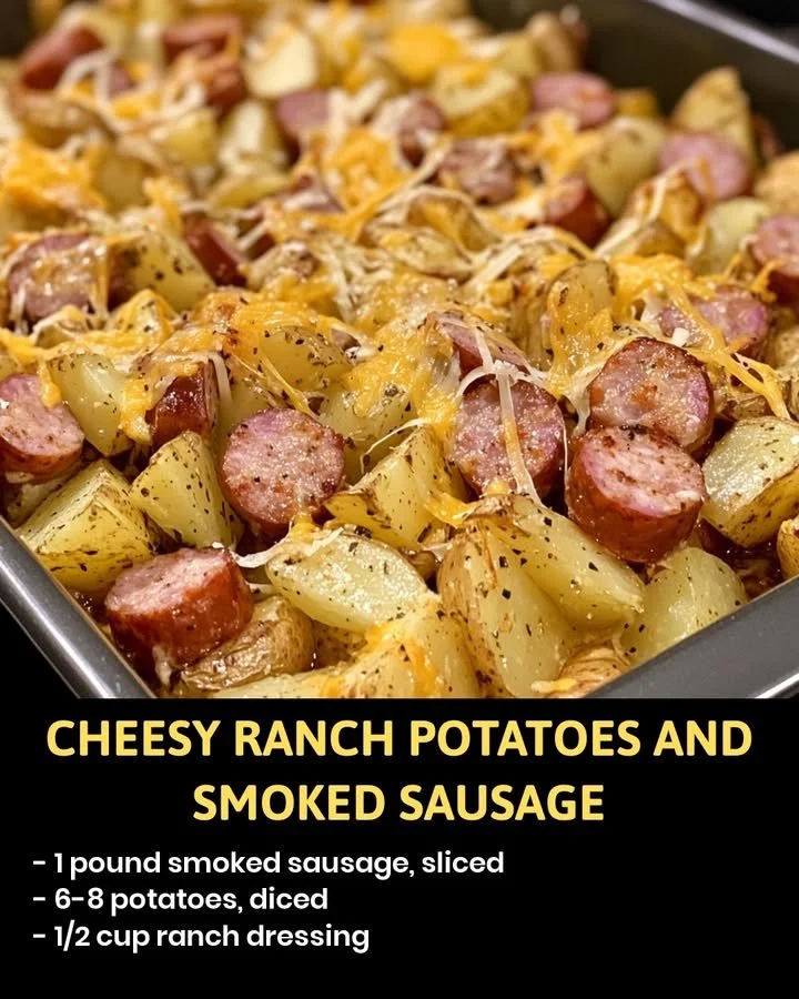 Plate of cheesy ranch potatoes with smoked sausage, garnished and ready to eat