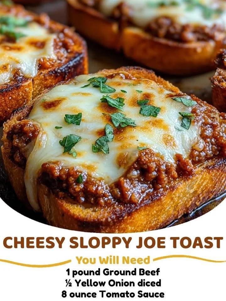 Cheesy Sloppy Joe Toast garnished with fresh herbs on a wooden plate