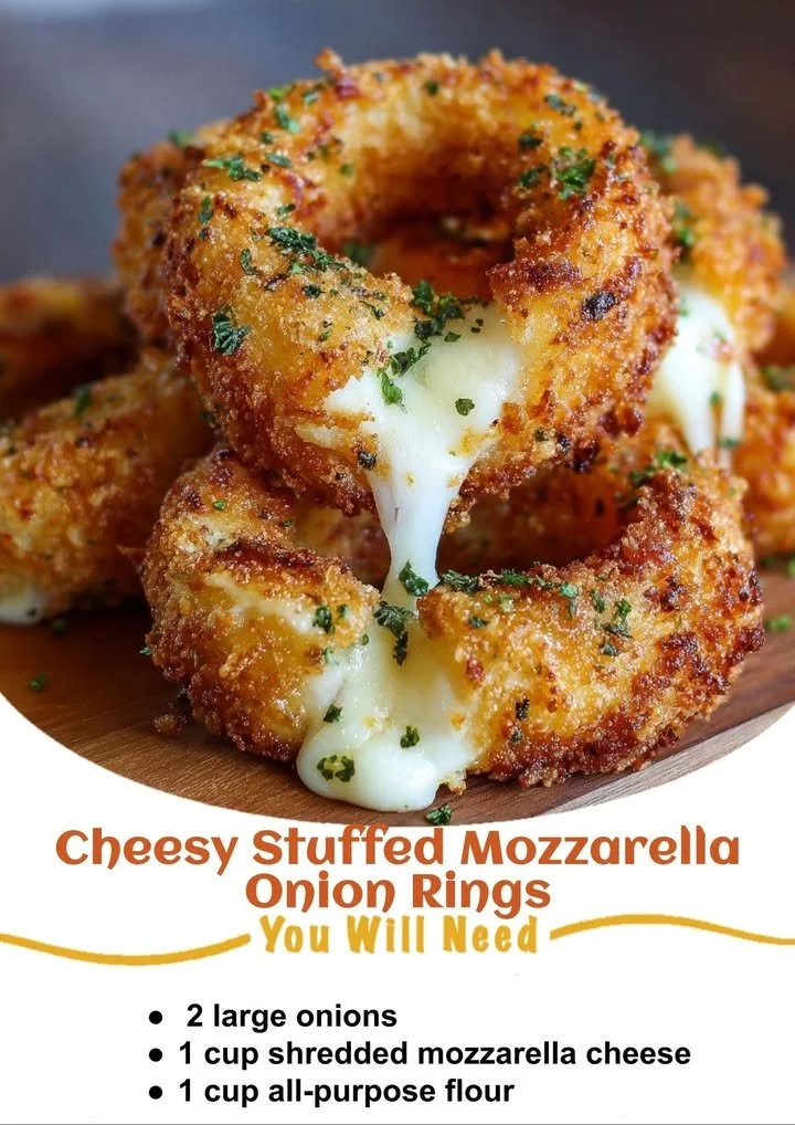 Cheesy stuffed mozzarella onion rings served with dipping sauce
