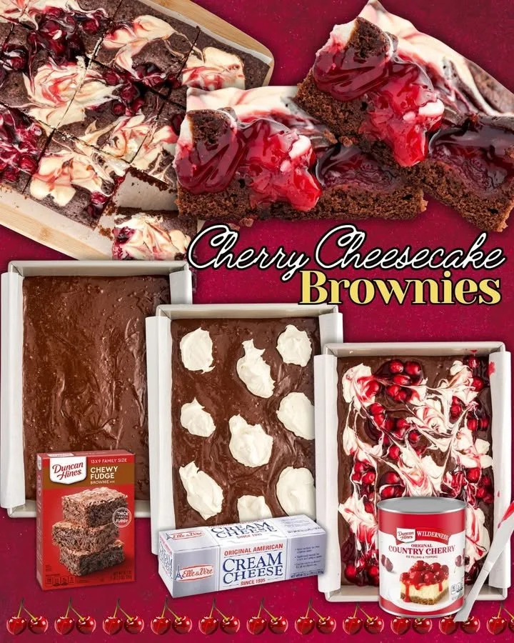 Delicious cherry cheesecake brownies with a creamy topping and rich chocolate base