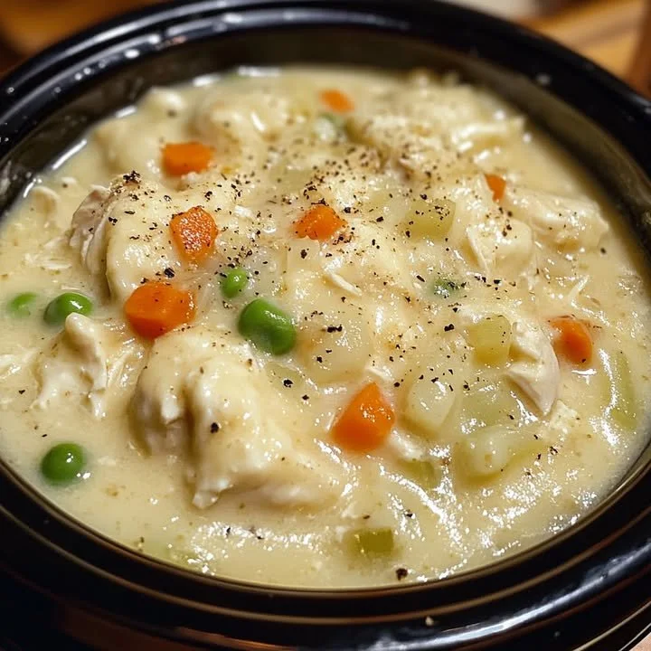 A bowl of comforting Chicken and Dumplings, featuring tender chicken and fluffy dumplings.