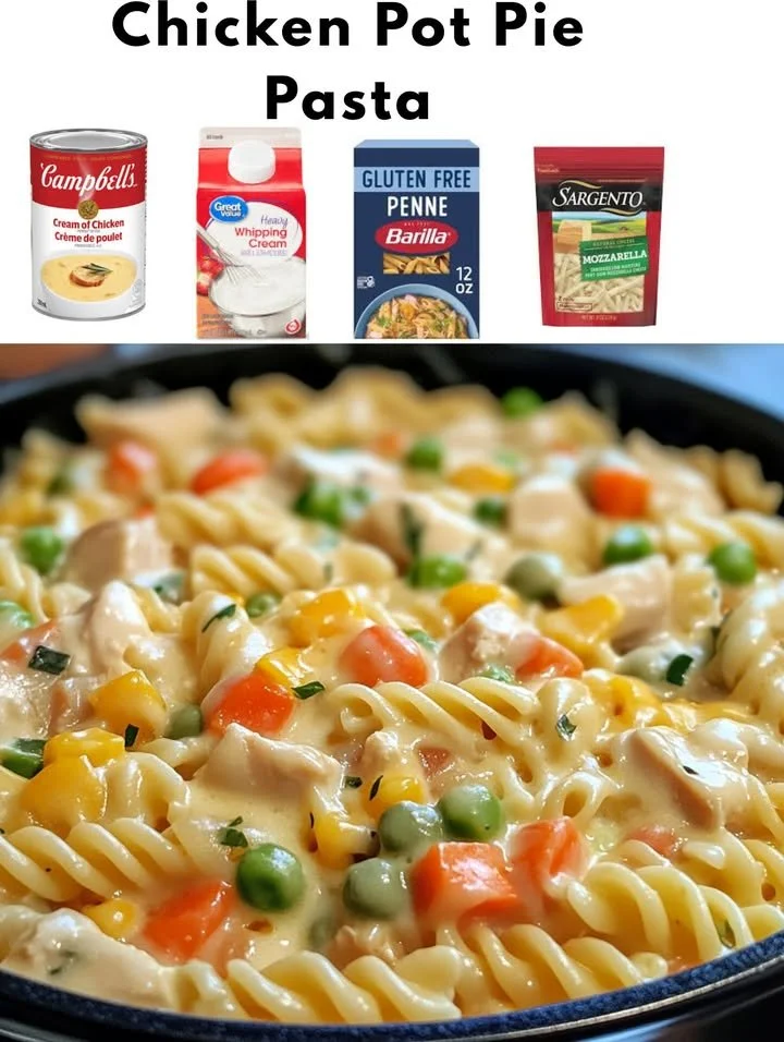 Creamy Chicken Pot Pie Pasta with vegetables and herbs in a bowl.
