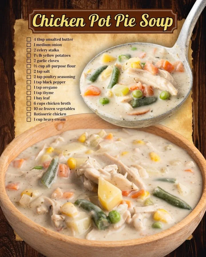 Delicious bowl of Chicken Pot Pie Soup with vegetables and herbs