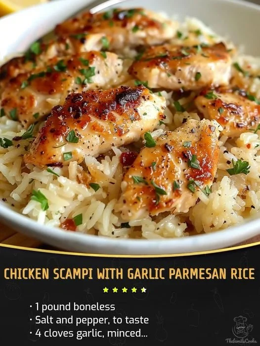 Plate of Chicken Scampi served with Garlic Parmesan Rice