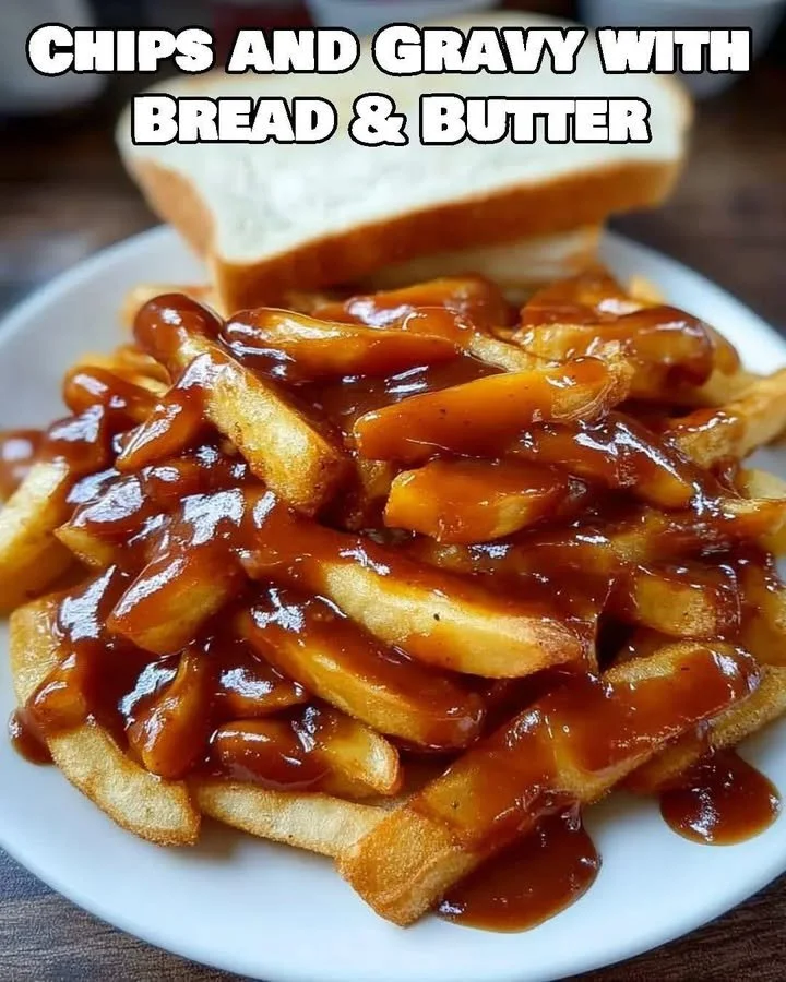 Delicious plate of chips and gravy topped with rich brown sauce.