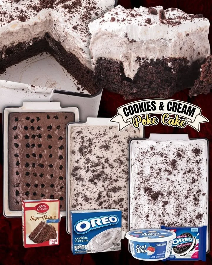 Delicious Cookies & Cream Poke Cake with layers of creamy filling and cookie bits