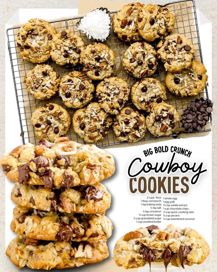 Freshly baked Cowboy Cookies with chocolate and nuts on a wooden table.