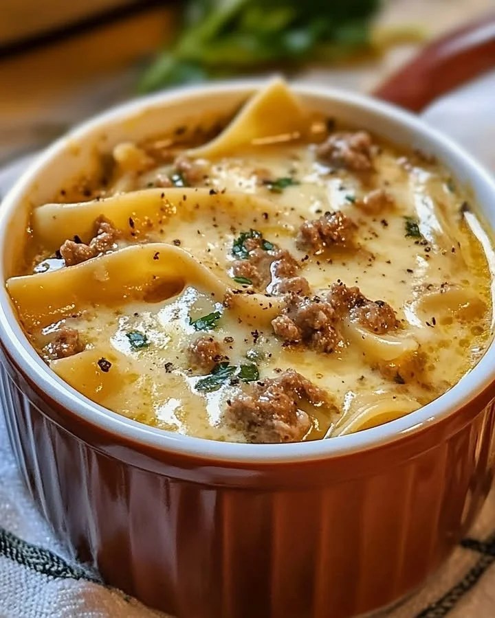 Bowl of creamy Alfredo lasagna soup topped with fresh herbs