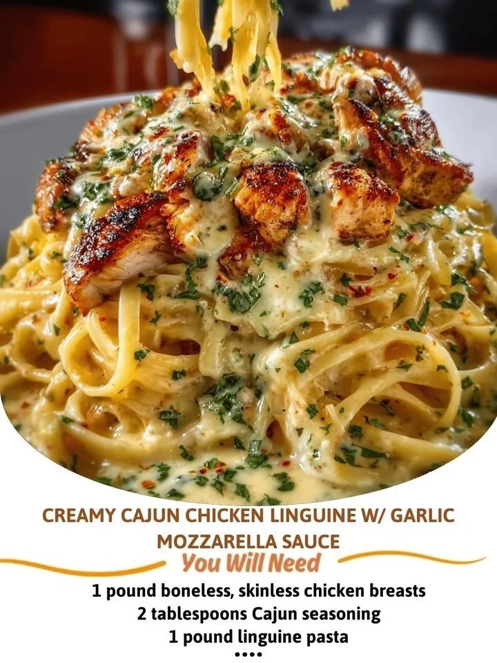 Creamy Cajun Chicken Linguine with Garlic Mozzarella Sauce in a bowl