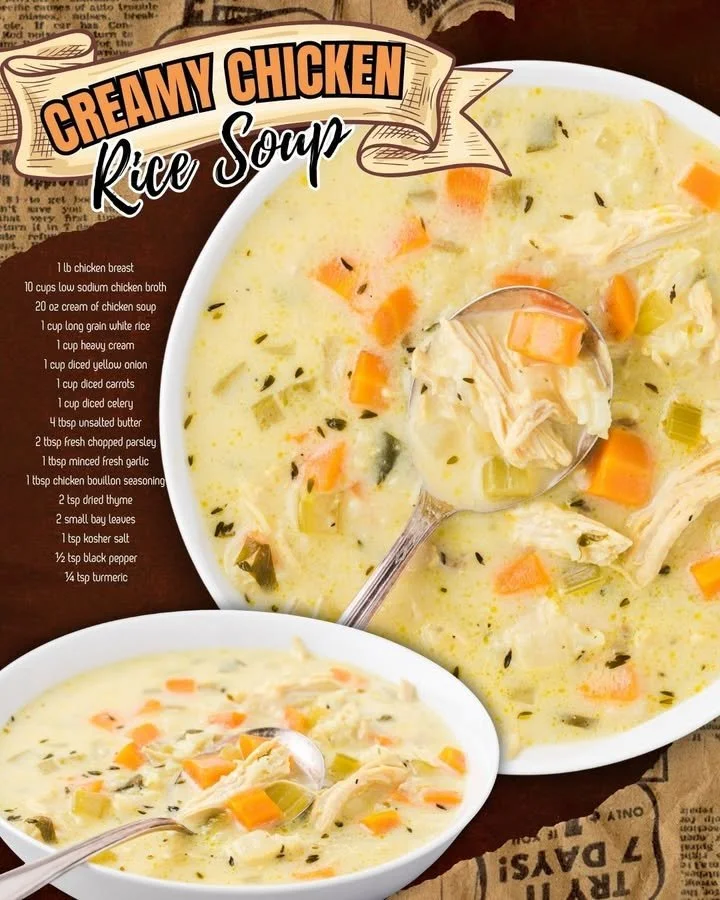 Bowl of creamy chicken and rice soup garnished with herbs and spices