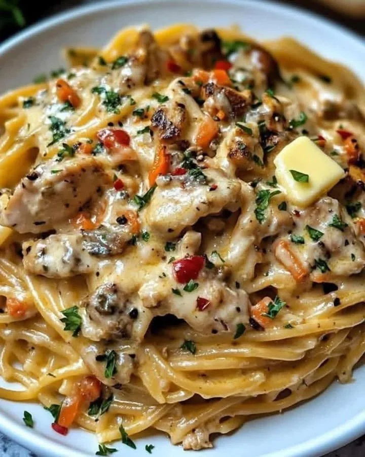 Creamy chicken spaghetti with roasted carrots on a plate