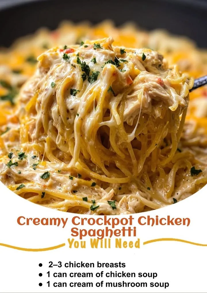 Creamy Crockpot chicken spaghetti dish served with herbs and a side salad.