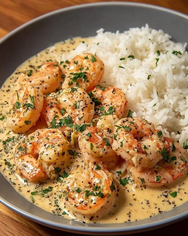 Bowl of creamy garlic pepper shrimp served with rice and garnished with herbs