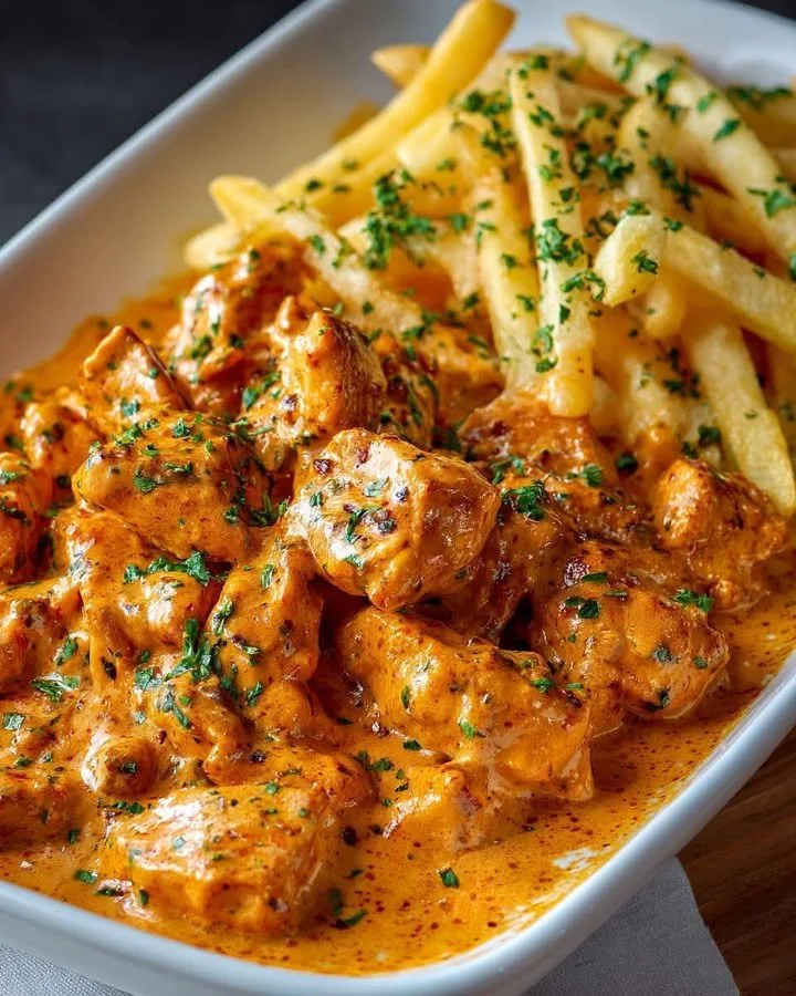 Creamy garlic peri peri chicken served with golden fries