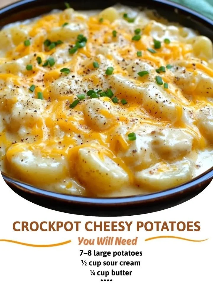 Crockpot Cheesy Potatoes served in a creamy cheesy sauce