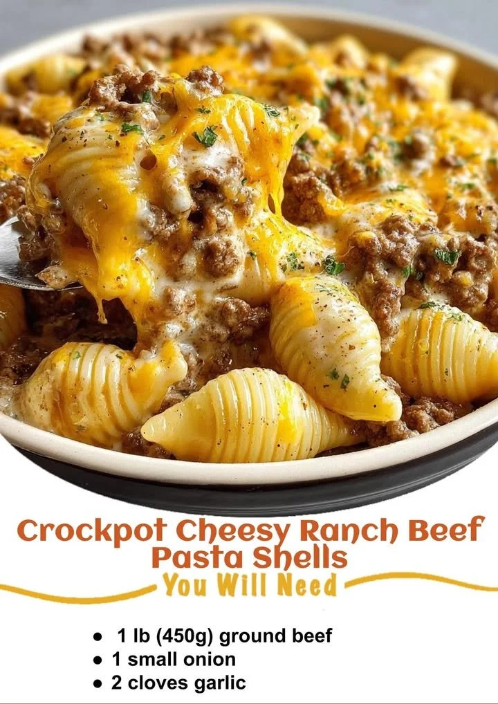 Crockpot Cheesy Ranch Beef Pasta Shells in a creamy sauce with beef and pasta
