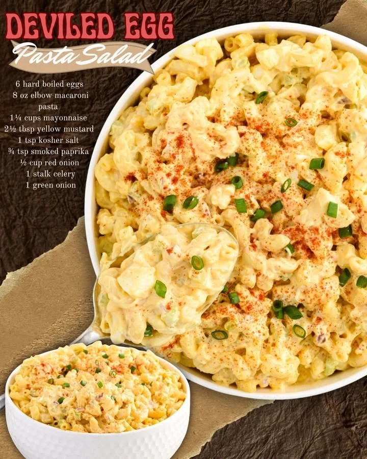 Delicious deviled egg pasta salad with creamy dressing and garnishes.