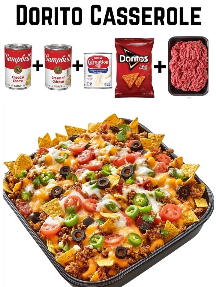 Delicious Dorito Casserole topped with cheese and crunchy Doritos
