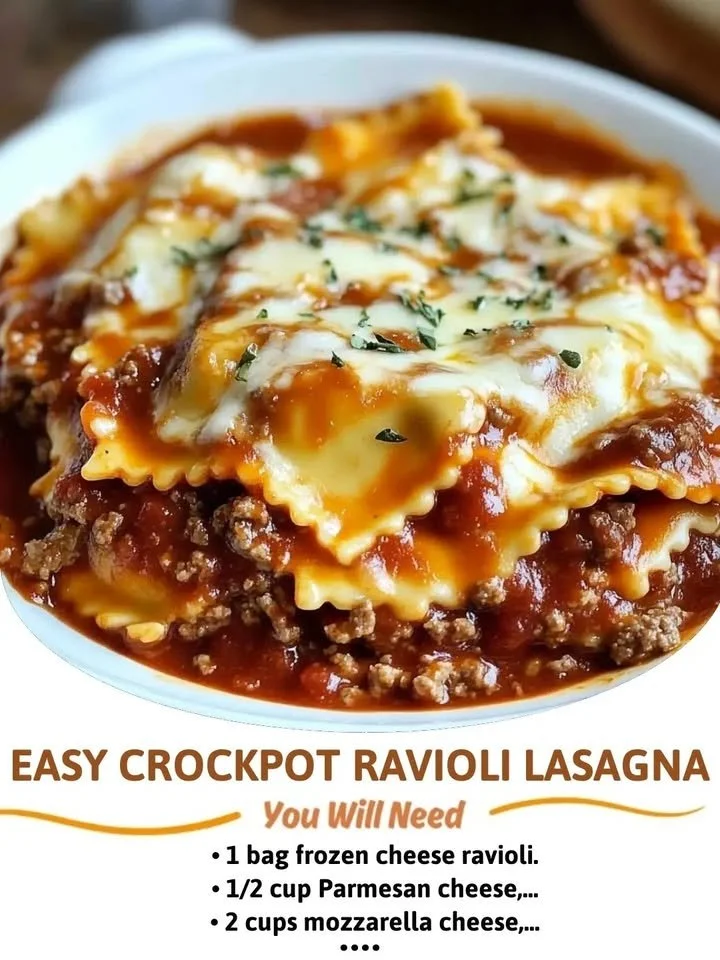 Delicious easy crockpot ravioli lasagna served in a bowl