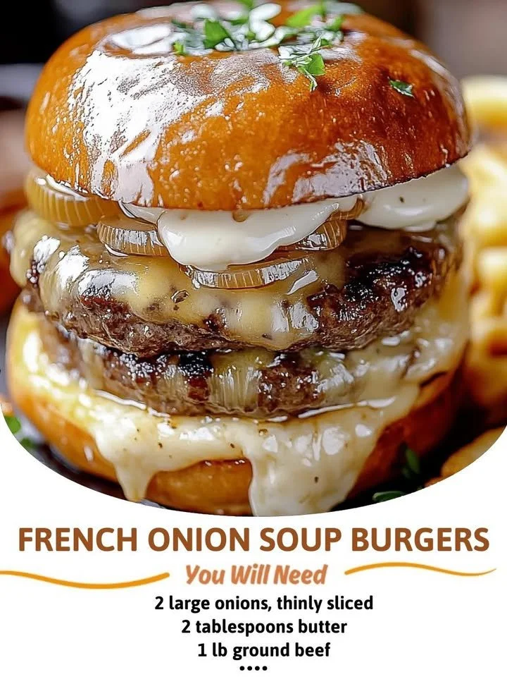 Delicious French Onion Soup Burgers topped with gooey cheese and caramelized onions