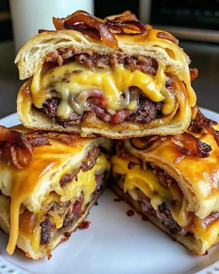 Garlic Butter Bacon Cheeseburger Rollups served on a plate
