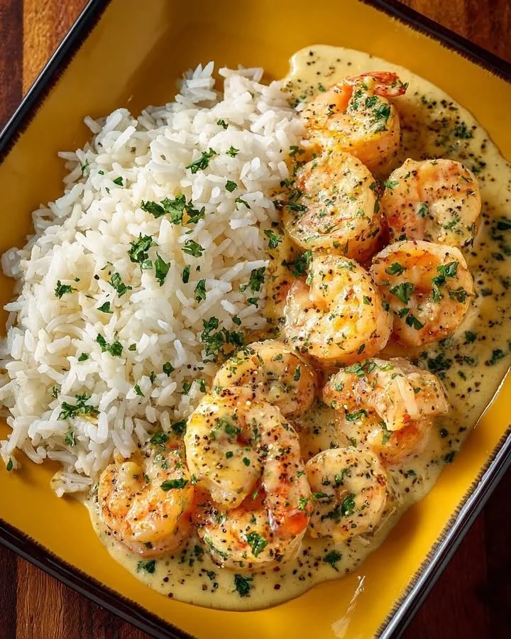 Delicious Garlic Cream Shrimp with steamed rice and fresh herbs on a plate.