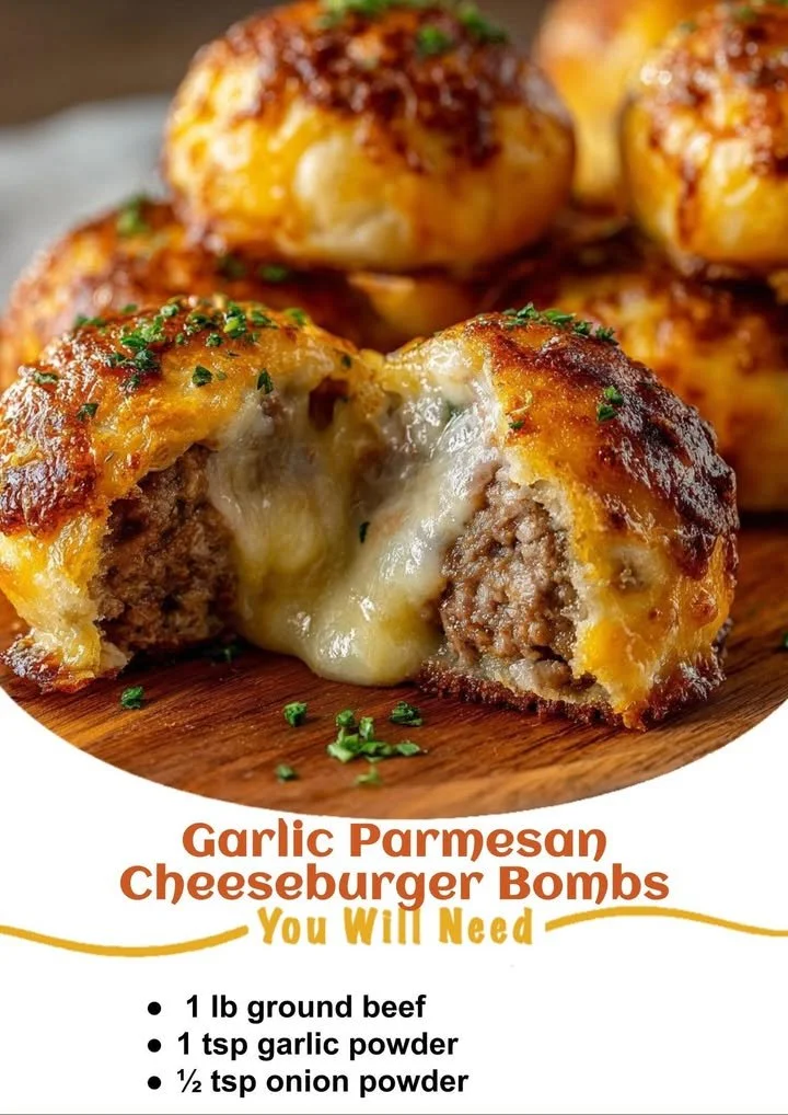 Garlic Parmesan Cheeseburger Bombs on a plate, garnished with herbs