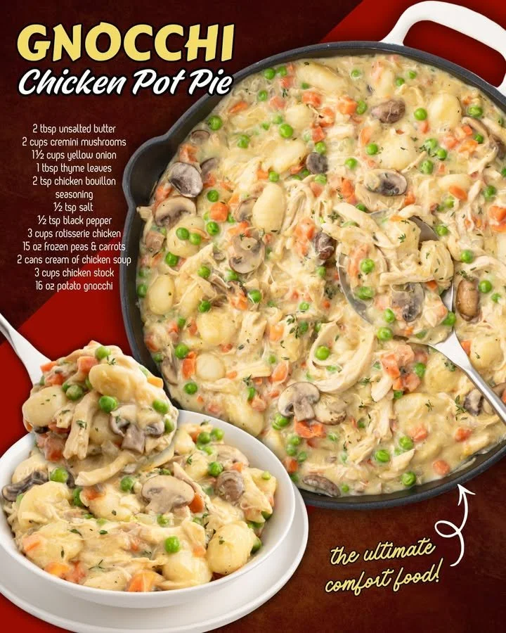 Delicious Gnocchi Chicken Pot Pie with chicken, vegetables, and creamy sauce
